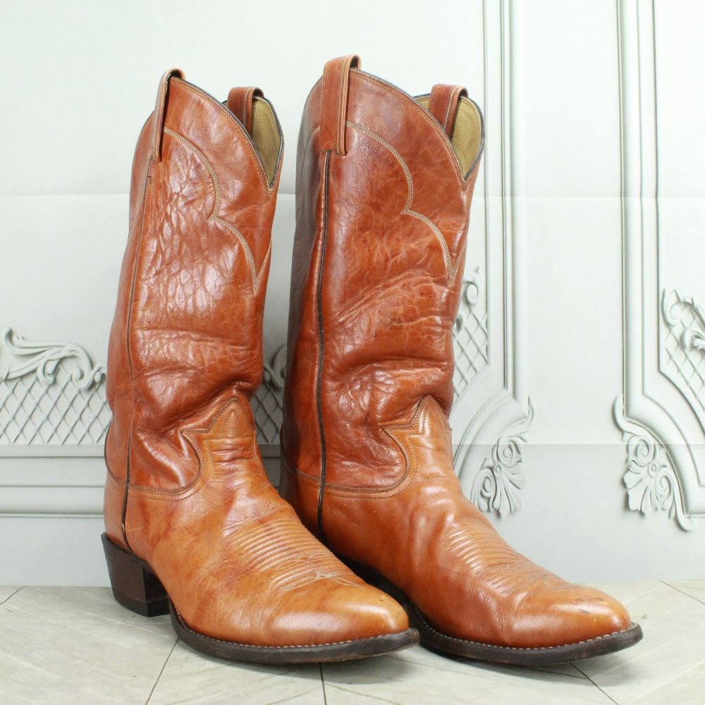 Vintage Tony Lama Brown Leather Pull On Western Cowboy Boots Size 9 D - Picture 3 of 9